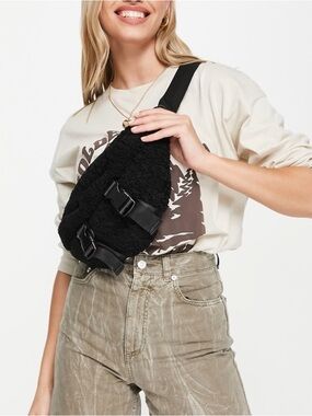 Topshop double buckle borg fanny pack in black